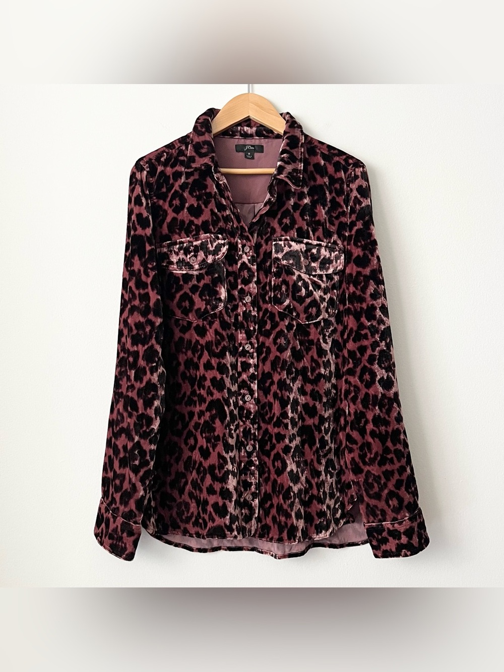J.Crew Women's Leopard Animal Print Velour Button Down Blouse Size 8 Pink Black